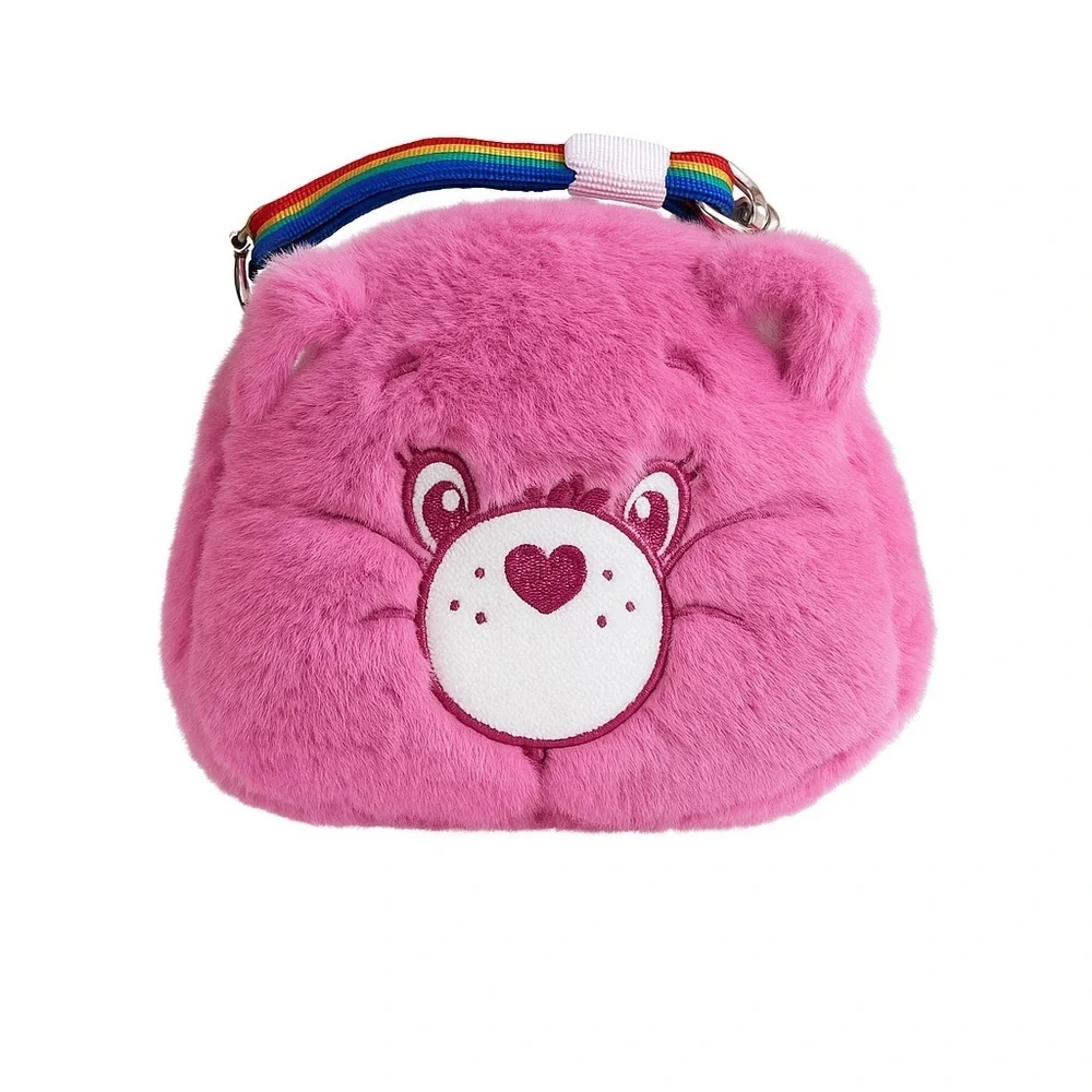 NEW Care Bear‎ Pink Plush Crossbody Bag With Rainbow Strap